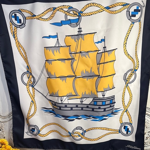 Vintage Nautical Ship with Yellow and Blue Accents Scarf Square Made in Italy - Picture 3 of 8